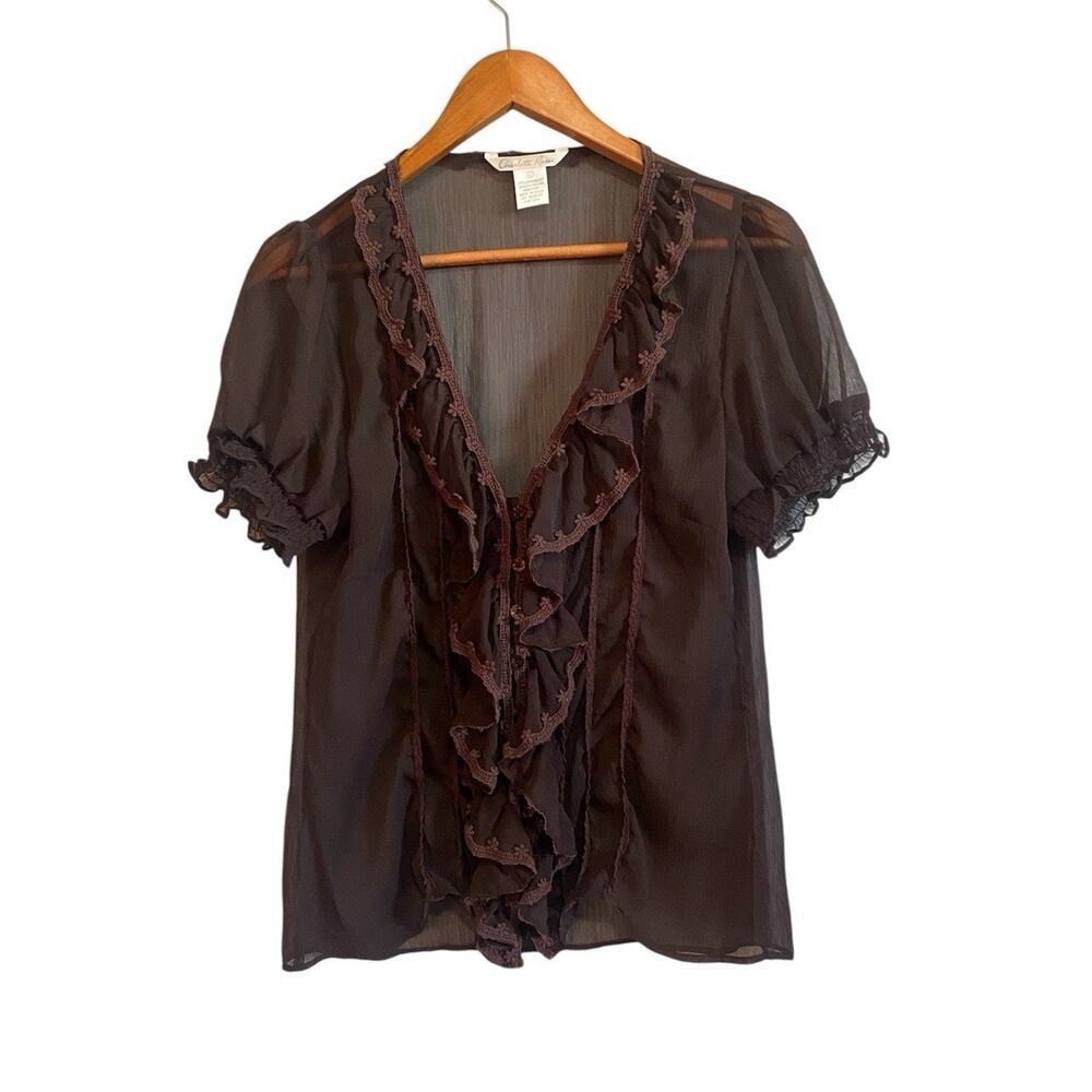 Charlotte Russe Brown Sheer Ruffled Blouse Large Y2K Romantic Fairy Whimsy Boho